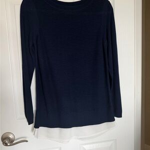 Hilary Radley Navy Sweater Top with White Blouse Detail